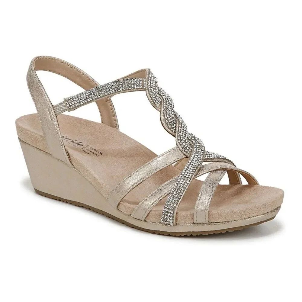 Lifestride Miami Faux Leather Wedge Sandals Platino Gold 9.5W